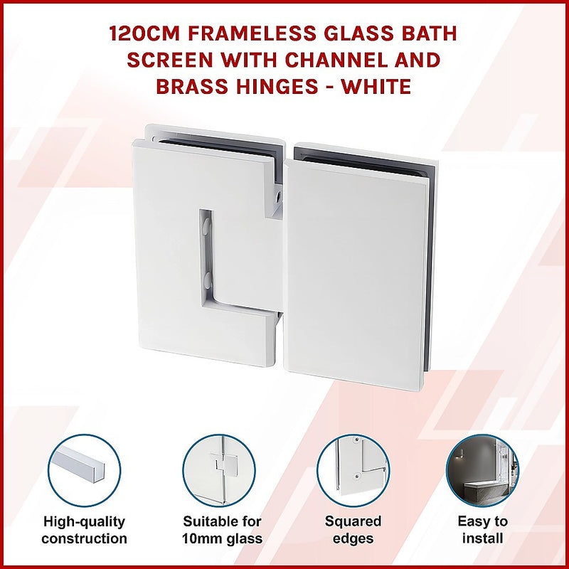 120cm Frameless Glass Bath Screen with Channel and Brass Hinges - White