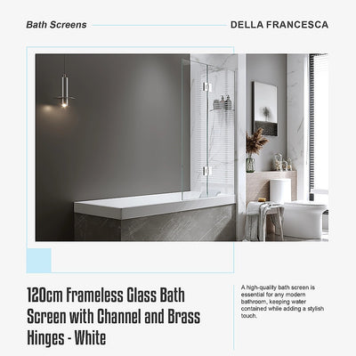 120cm Frameless Glass Bath Screen with Channel and Brass Hinges - White