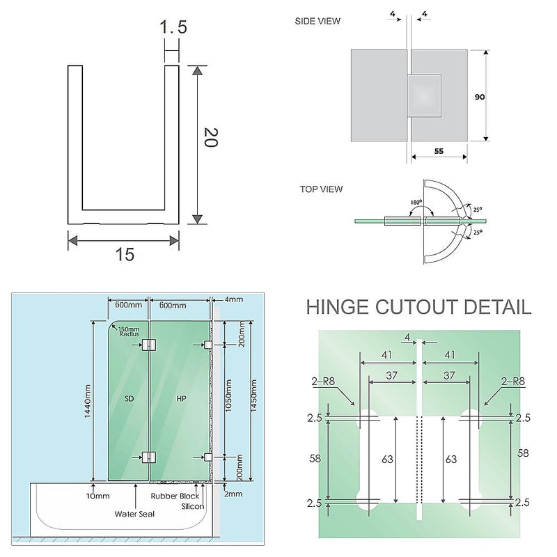 120cm Frameless Glass Bath Screen with Channel and Brass Hinges - White