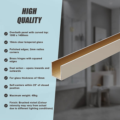100cm Frameless Glass Bath Screen with Channel and Brass Hinges - Nickel
