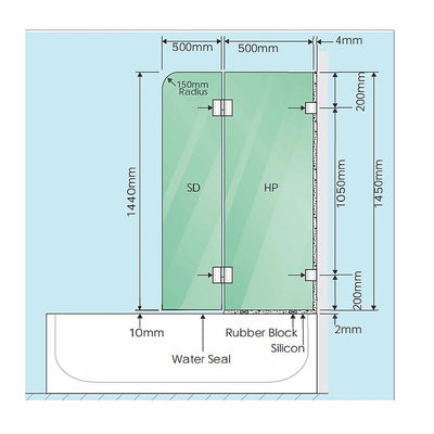 100cm Frameless Glass Bath Screen with Channel and Brass Hinges - Nickel