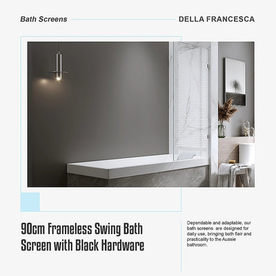 90cm Frameless Swing Bath Panel with Black Hardware