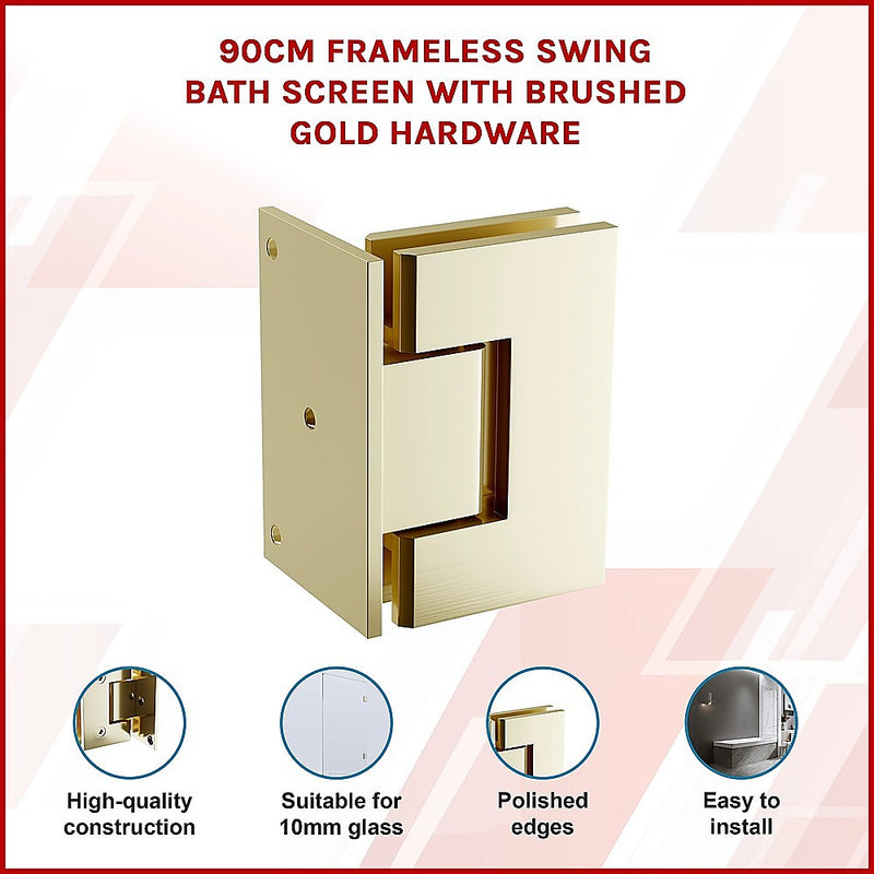 90cm Frameless Swing Bath Screen with Brushed Gold Hardware