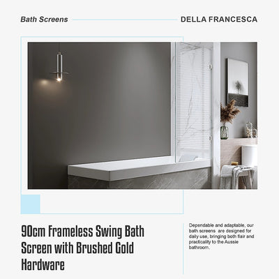 90cm Frameless Swing Bath Screen with Brushed Gold Hardware