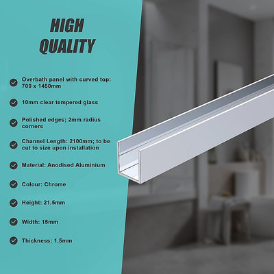 70cm Frameless Glass Bath Screen with Wall Channel - Chrome