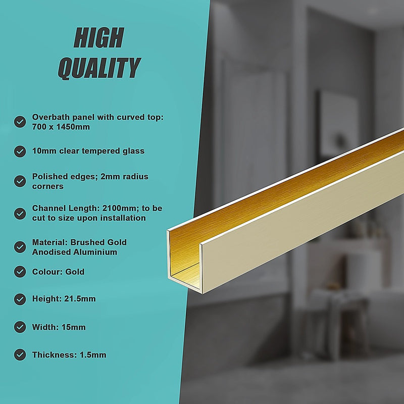 70cm Frameless Glass Bath Screen with Wall Channel - Gold