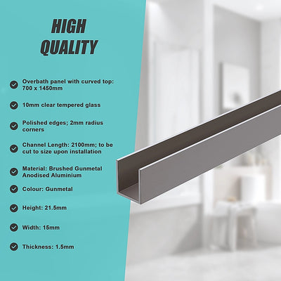 70cm Frameless Glass Bath Screen with Wall Channel - Gunmetal