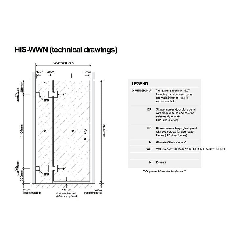 110cm Wall to Wall Frameless Shower Screen with Black Brackets and SS Hinges, Round Knob Handle