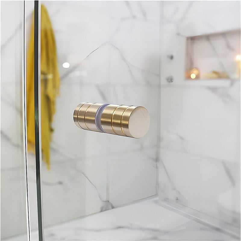 90cm Wall to Wall Frameless Shower Screen with Gold Channel and SS Hinges , Round Knob Handle