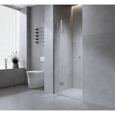 110cm Wall to Wall Frameless Shower Screen with Black Channel and Brass Hinges , Square Knob Handle