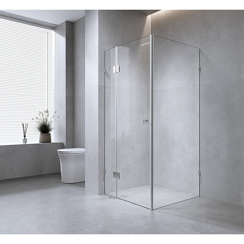 90x70cm Corner Frameless Shower Screen with Chrome Brackets and SS Hinges, Square Knob Handle