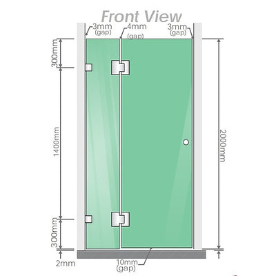 110x70cm Corner Frameless Shower Screen with Black Brackets and SS Hinges, Square Double Pull Handle