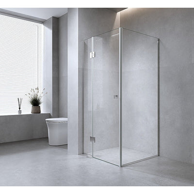 90x80cm Corner Frameless Shower Screen with Black Channel and SS Hinges, Square Knob Handle