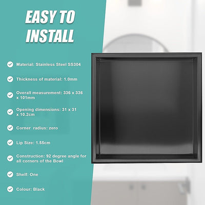 336 x 336 x 101mm Shower Niche Single Shelf Organizer No Tile Needed in Black