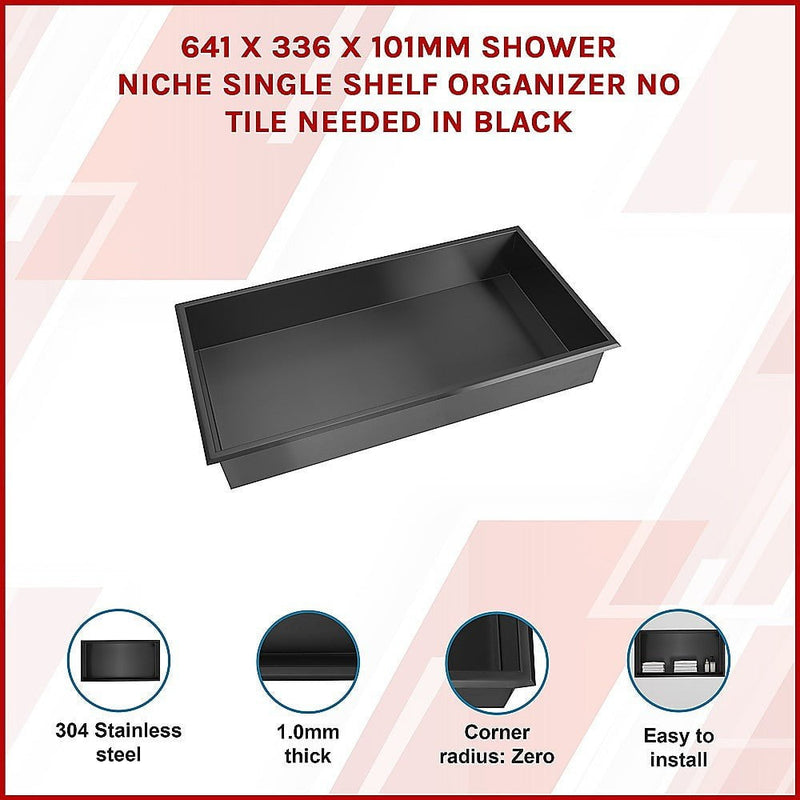 641 x 336 x 101mm Shower Niche Single Shelf Organizer No Tile Needed in Black