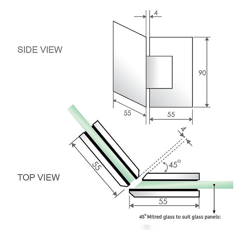 90cm Frameless Diamond Shower Screen with Black Brackets and SS Hinges, Square Knob Handle