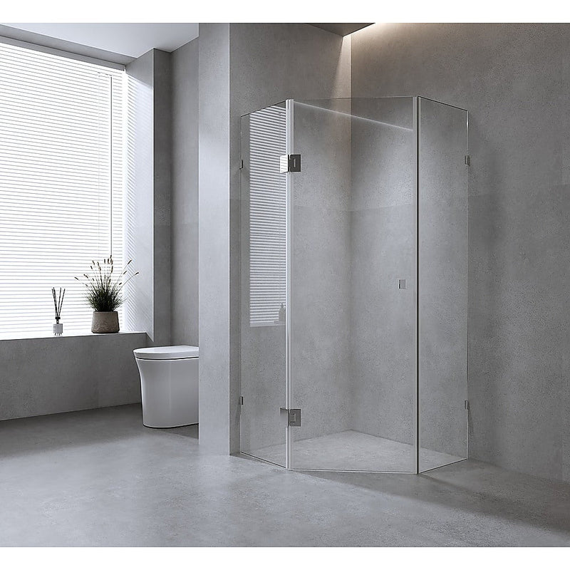 90cm Frameless Diamond Shower Screen with Black Brackets and SS Hinges, Square Knob Handle