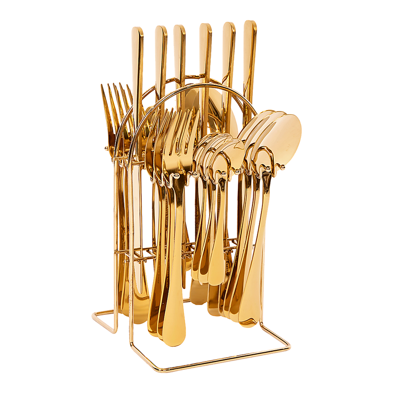 Tableware 24PC Gold Cutlery Set SS304 Household Knife Fork Spoon Kitchen with Storage Rack Dinner Service