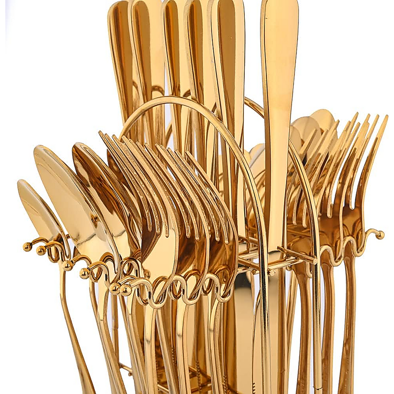 Tableware 24PC Gold Cutlery Set SS304 Household Knife Fork Spoon Kitchen with Storage Rack Dinner Service