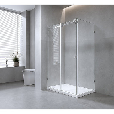 130x90cm Frameless Glass Sliding Corner Shower with Black Rail and Hardware