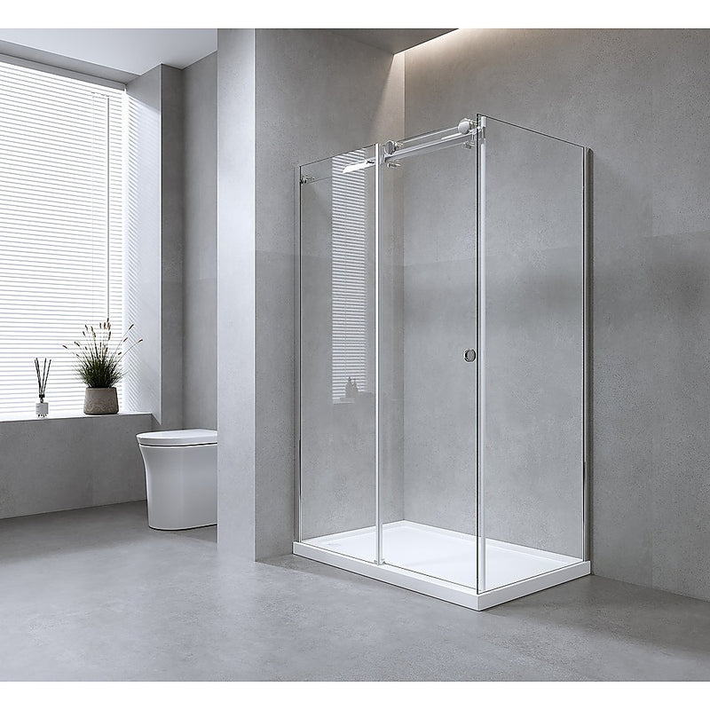 150x90cm Frameless Glass Sliding Corner Shower with Black Rail and Hardware