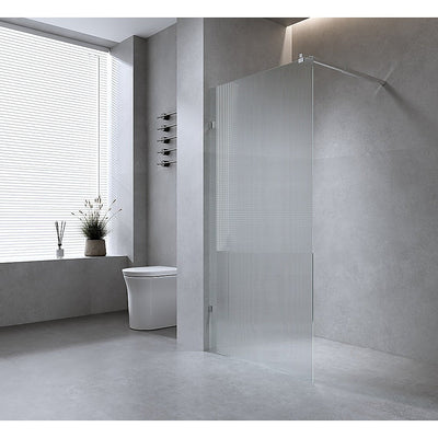 90cm Reeded Single Shower Glass Screen with Black Wall & Floor F Bracket