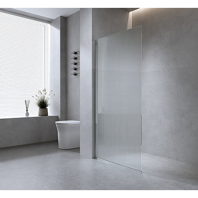 70cm Reeded Single Shower Glass Screen with Black Wall Channel & Round Pole