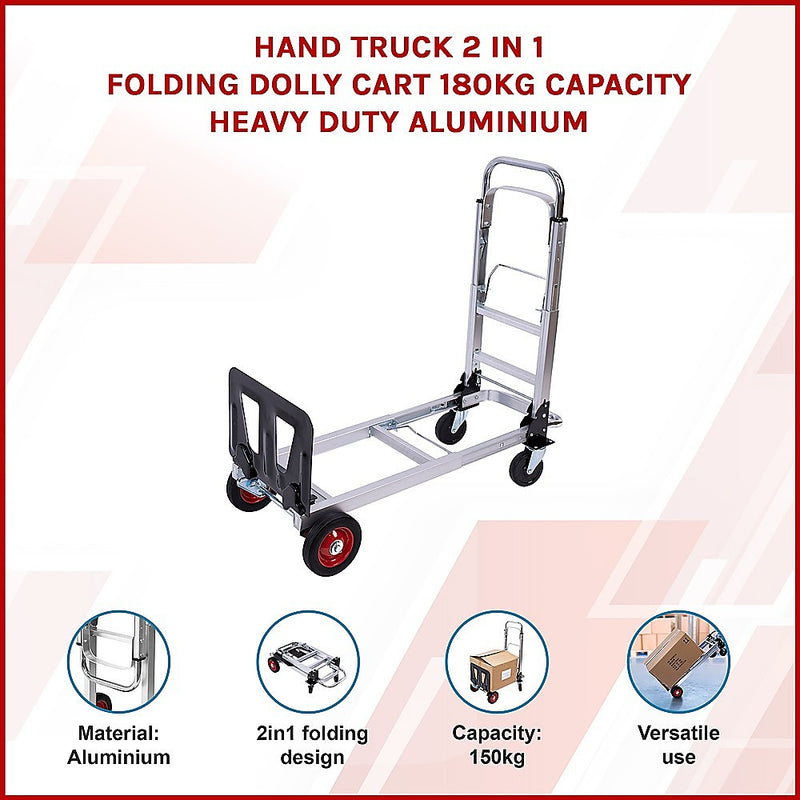 Hand Truck 2 in 1 Folding Dolly Cart 180kg Capacity Heavy Duty Aluminium