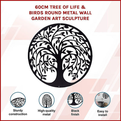 60cm Tree of Life & Birds Round Metal Wall Garden Art Sculpture