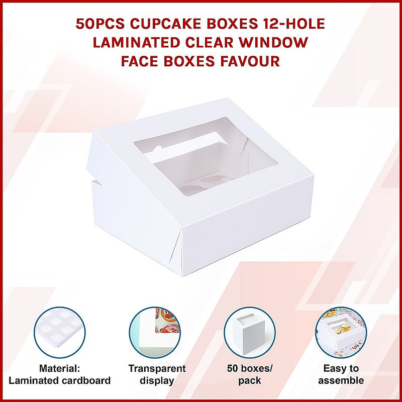 50pcs Cupcake Boxes 12-Hole Laminated Clear Window Face Boxes Favour