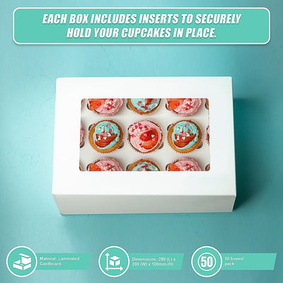 50pcs Cupcake Boxes 12-Hole Laminated Clear Window Face Boxes Favour