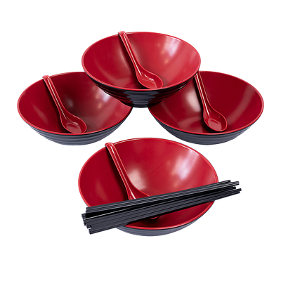 12 Piece Ramen Noodle Bowl with Spoon and Chopsticks Black Red