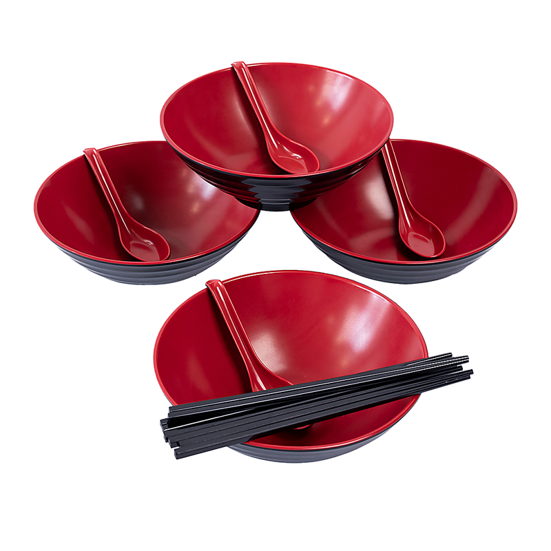 12 Piece Ramen Noodle Bowl with Spoon and Chopsticks Black Red