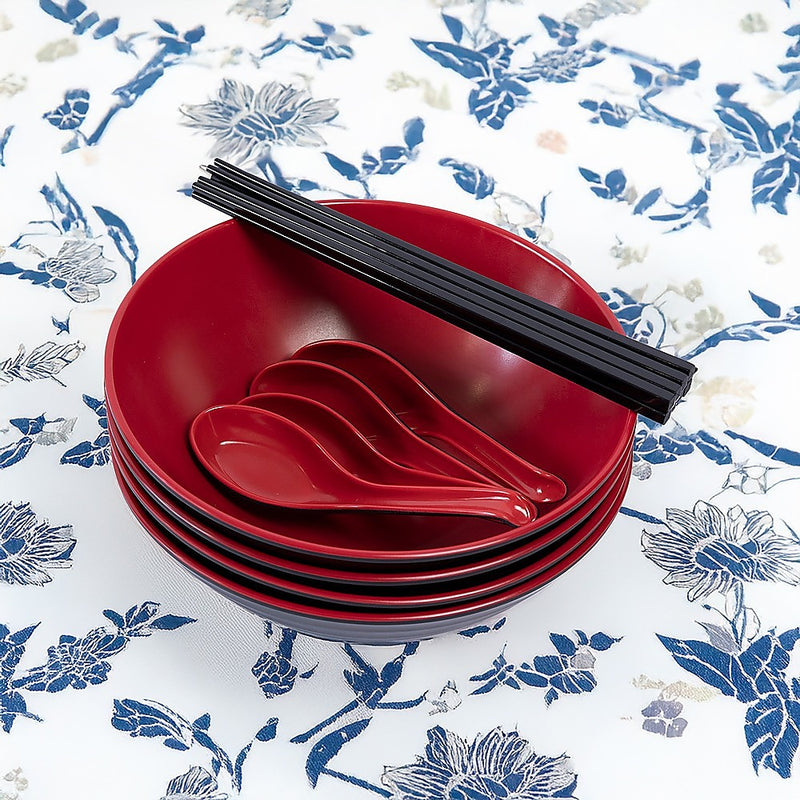 12 Piece Ramen Noodle Bowl with Spoon and Chopsticks Black Red
