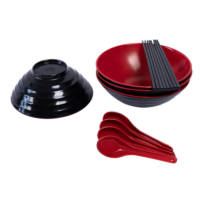 12 Piece Ramen Noodle Bowl with Spoon and Chopsticks Black Red
