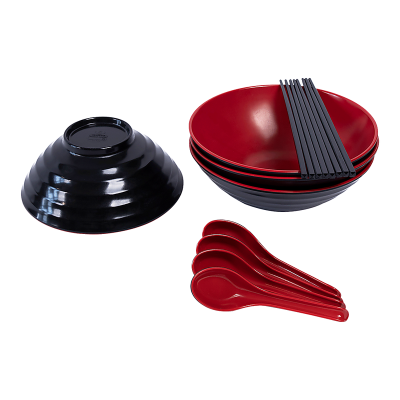 12 Piece Ramen Noodle Bowl with Spoon and Chopsticks Black Red