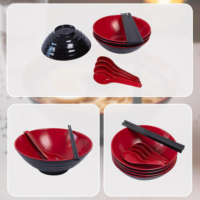 12 Piece Ramen Noodle Bowl with Spoon and Chopsticks Black Red