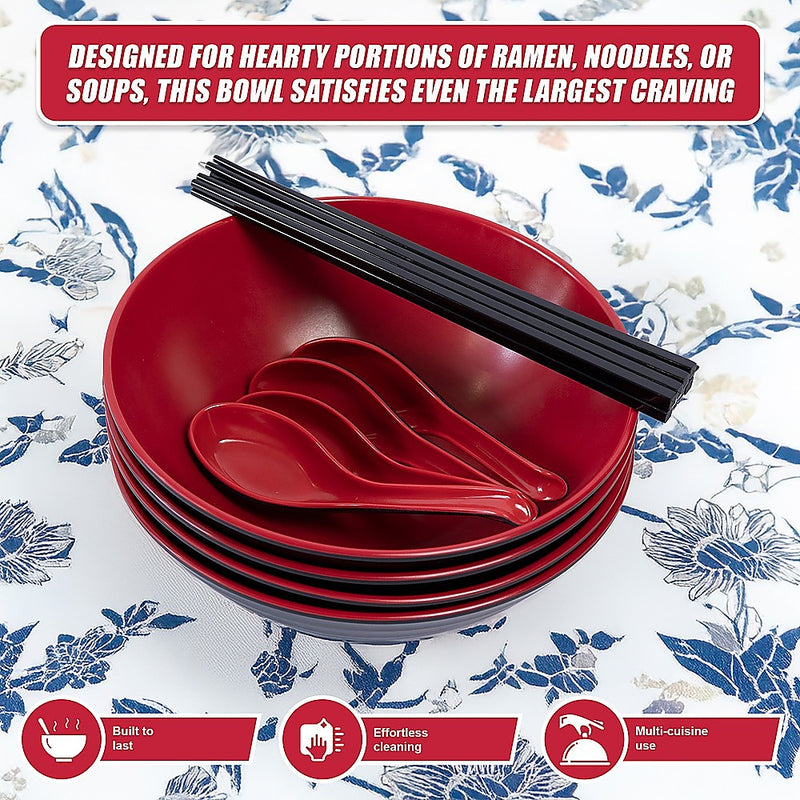 12 Piece Ramen Noodle Bowl with Spoon and Chopsticks Black Red