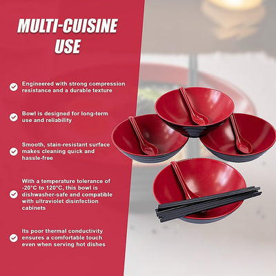 12 Piece Ramen Noodle Bowl with Spoon and Chopsticks Black Red