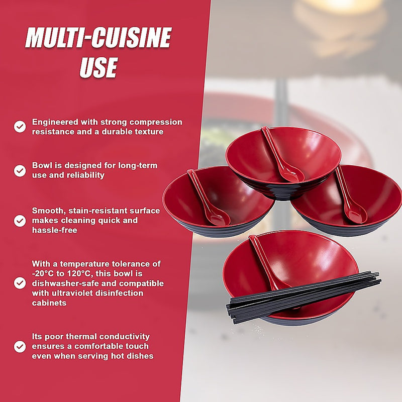 12 Piece Ramen Noodle Bowl with Spoon and Chopsticks Black Red
