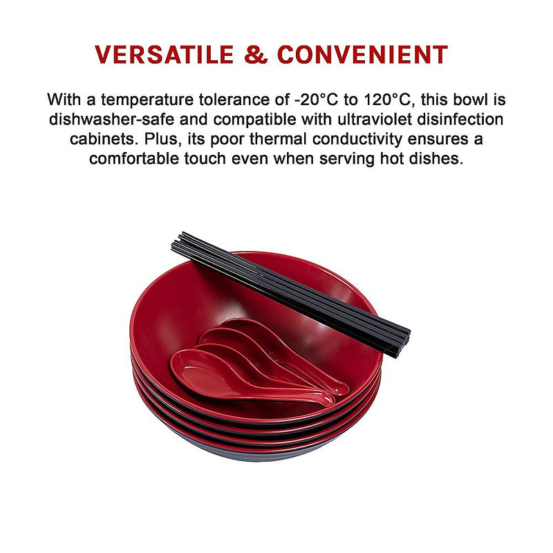 12 Piece Ramen Noodle Bowl with Spoon and Chopsticks Black Red