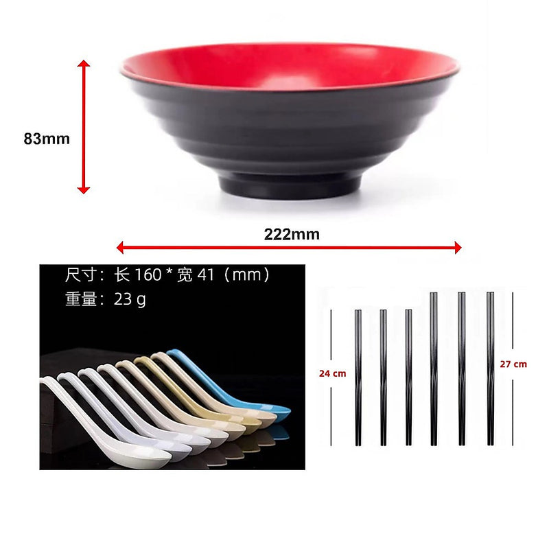 12 Piece Ramen Noodle Bowl with Spoon and Chopsticks Black Red