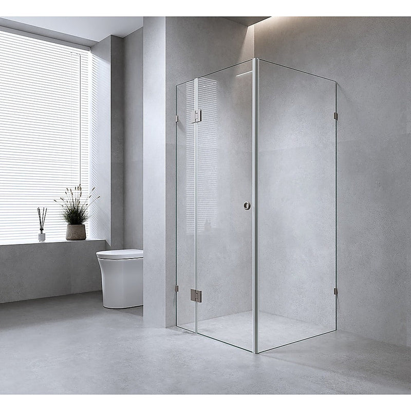 90x70cm Corner Frameless Shower Screen with Chrome Brackets and SS Hinges, Round Handle