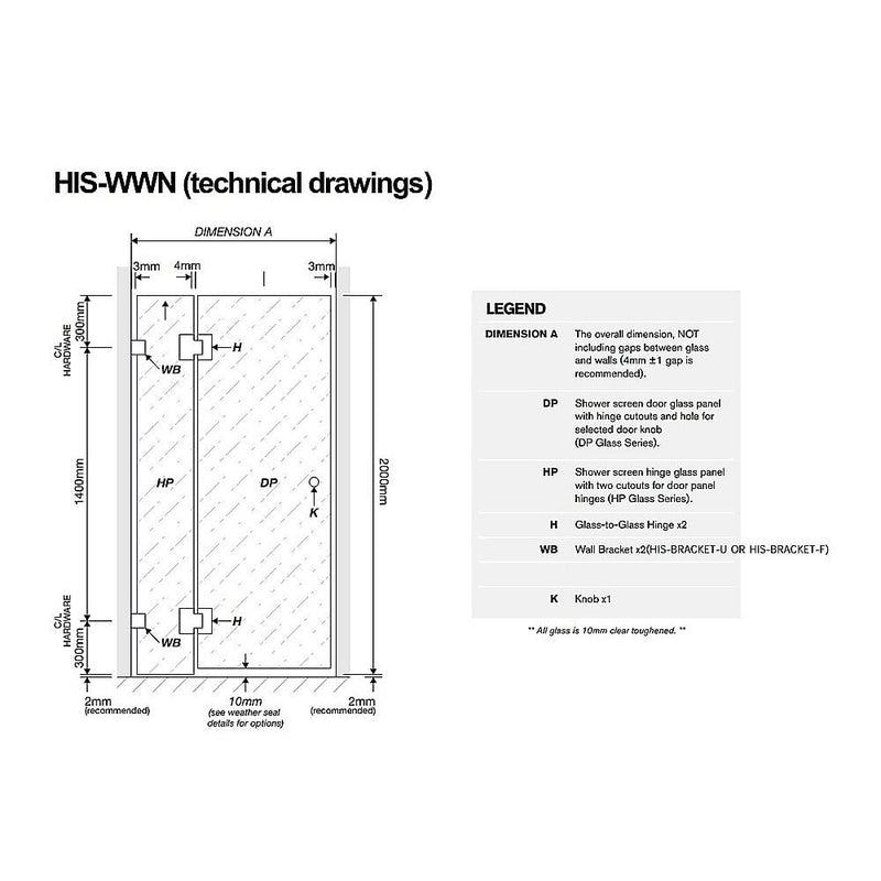 90x70cm Corner Frameless Shower Screen with Black Brackets and SS Hinges, Round Handle