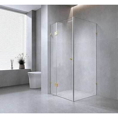 90x70cm Corner Frameless Shower Screen with White Brackets and SS Hinges, Round Handle