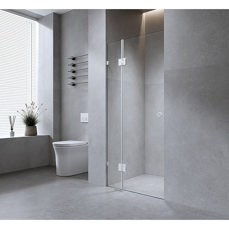 90cm Wall to Wall Frameless Shower Screen with Chrome Brackets and SS Hinges, Round Handle