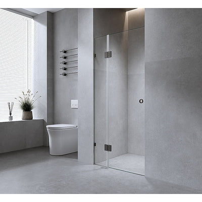 90cm Wall to Wall Frameless Shower Screen with Black Brackets and Brass Hinges, Round Handle