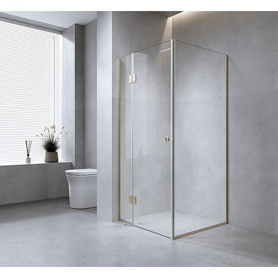 90x80cm Corner Frameless Shower Screen with Black Channel and Brass Hinges, Round Handle