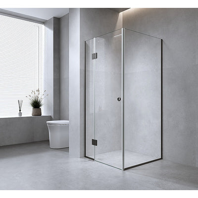 90x80cm Corner Frameless Shower Screen with Black Channel and Brass Hinges, Round Handle