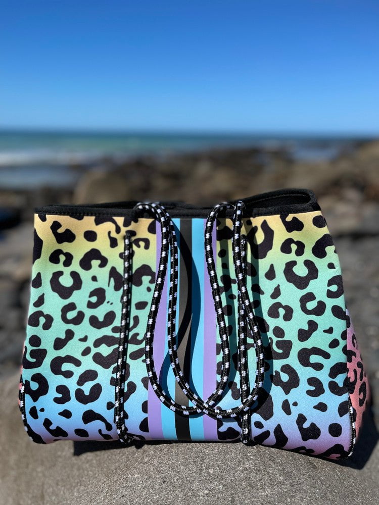 Neoprene Bag - Vegan Tote - 2 Piece Set - Stripe - Rainbow Leopard